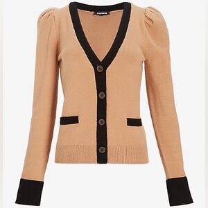 EXPRESS Contrast Trim Button Up Tan Cardigan with Black Trim XS